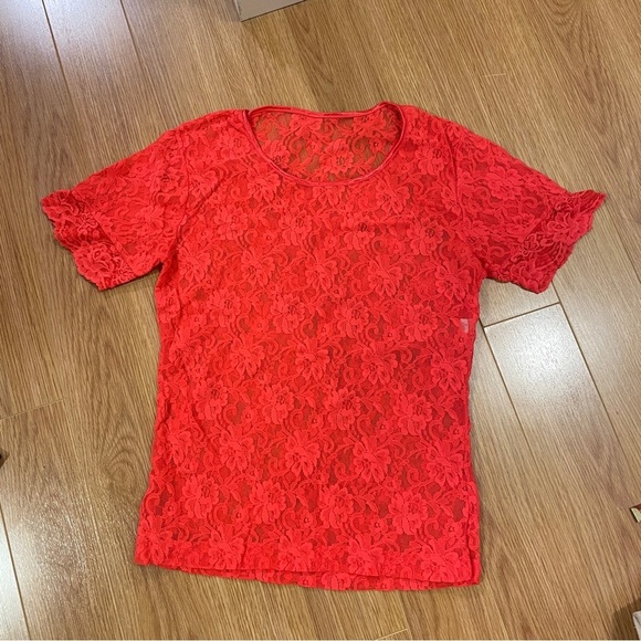 Vintage Gaviota Sheer Neon Red Lace Tee - S - Picture 1 of 8